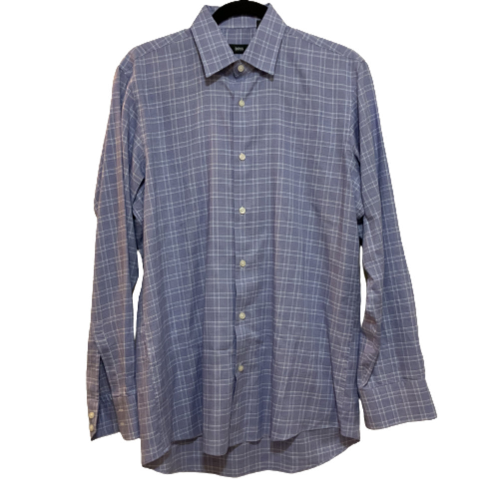 Hugo Boss Dress Shirt Plaid Regular Fit Button Up 15 32/33 Blue White NWOT